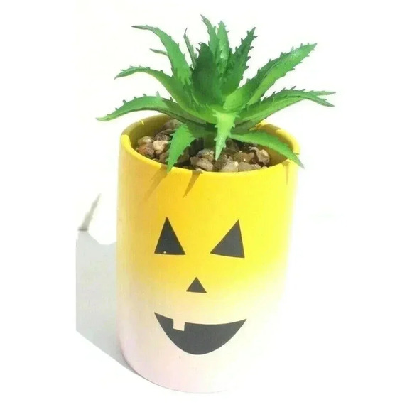 NEW Yellow / Pink Happy Halloween Pumpkin Ceramic Planter Plot W/ Succulents - Picture 1 of 2